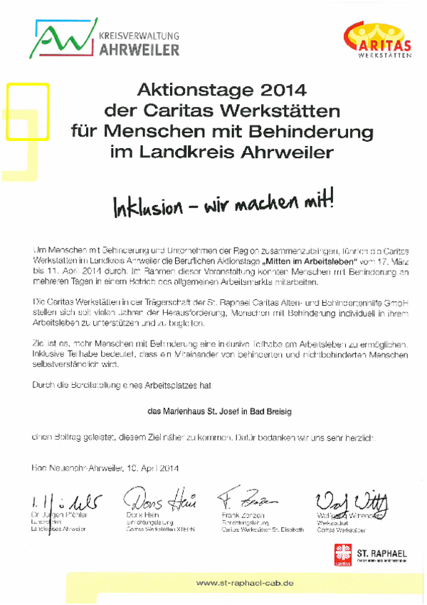 Dokument mit Überschrift zu Aktionstagen 2014 der Caritas Werkstätten für Menschen mit Behinderung im Landkreis Ahrweiler, inklusive Logos von Kreisverwaltung Ahrweiler und Caritas, sowie Unterschriften am unteren Rand.