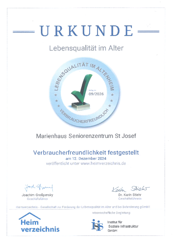 Urkunde mit dem Titel 'Lebensqualität im Alter' für Marienhaus Seniorenzentrum St Josef, bestätigt Verbraucherfreundlichkeit.