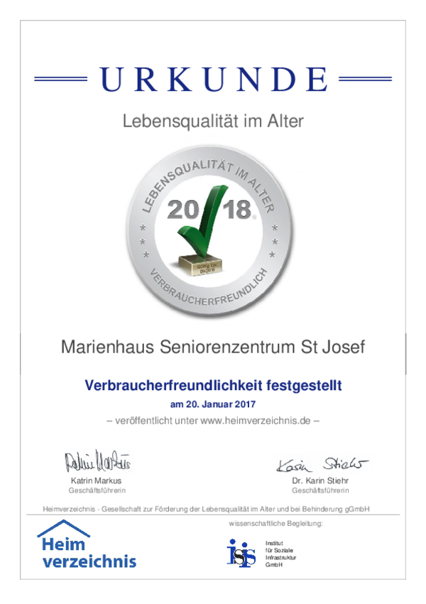 Urkunde mit dem Titel 'Lebensqualität im Alter', Auszeichnung für Marienhaus Seniorenzentrum St Josef, bestätigt Verbraucherfreundlichkeit am 20. Januar 2017.