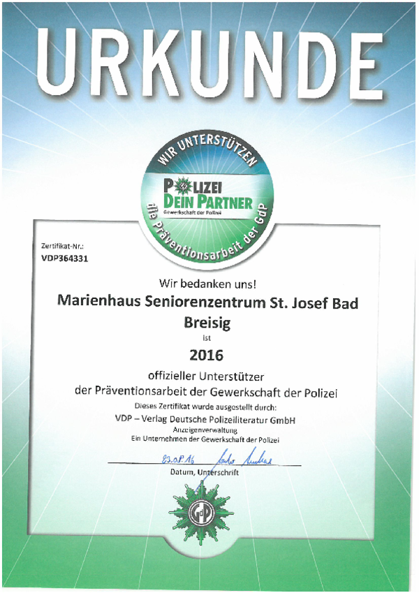 Urkunde mit dem Titel 'URKUNDE' für Marienhaus Seniorenzentrum St. Josef Bad Breisig aus dem Jahr 2016 als offizieller Unterstützer der Präventionsarbeit der Gewerkschaft der Polizei.