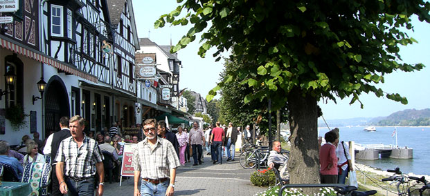 Fußgänger gehen auf einer gepflasterten Promenade mit Fachwerkhäusern links und Bäumen rechts entlang eines Gewässers mit Booten.
